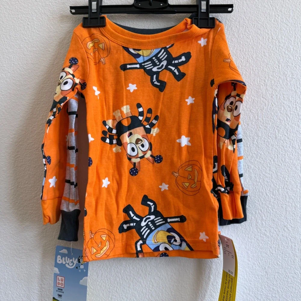 Bluey Halloween Pajama Tops 2-Pack Vampire Skeleton Bingo Orange Grey Kids 3T